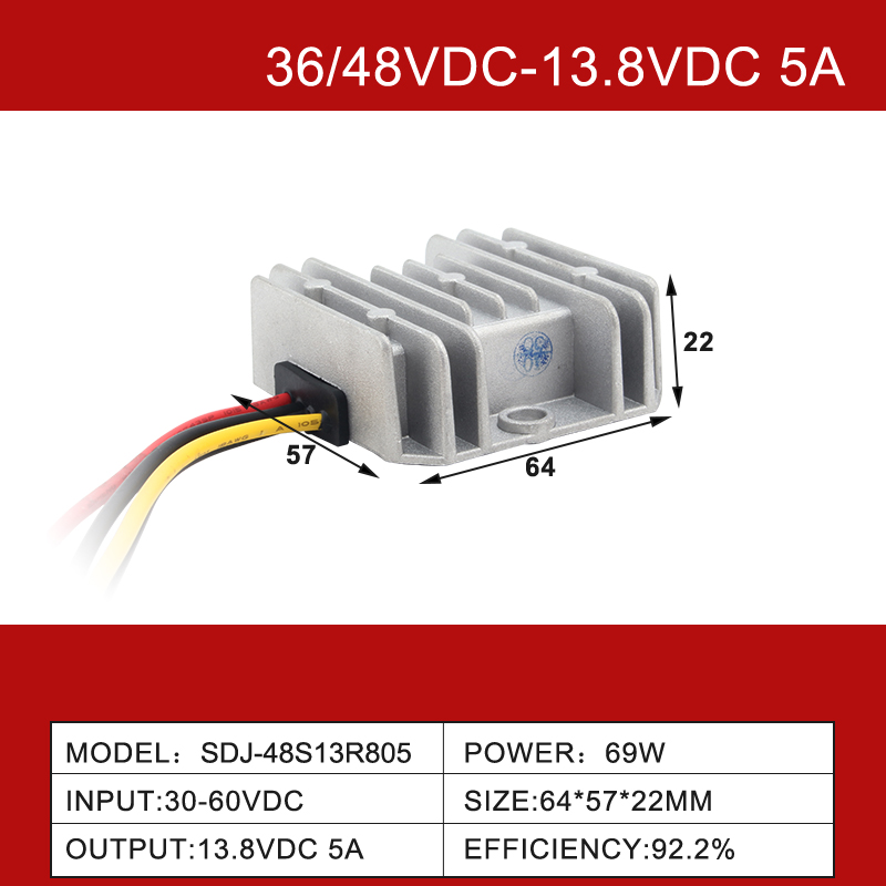 Convertisseur DC-DC non isolé IP68, 36V/48VDC à 13,8VDC, 5A à 100A, sortie unique 