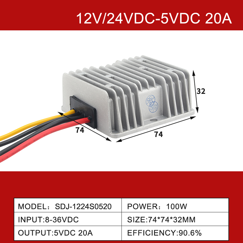 Convertisseur Buck DC-DC 12V/24VDC à 5VDC 3A à 60A, étanche IP68, non isolé 
